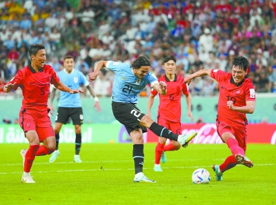 十一月二十四日，乌拉圭队球员埃丁森·卡瓦尼（中）射门。 新华社记者 郑焕松 摄