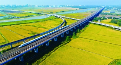 高铁、农田、城市，南京都市现代农业风景如画。南京日报/紫金山新闻记者 冯芃 摄