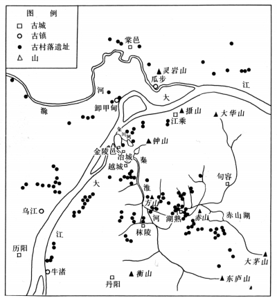 原始村落遗址和古城邑示意图