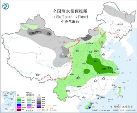 全国降水量预报图(11月6日8时-7日8时）