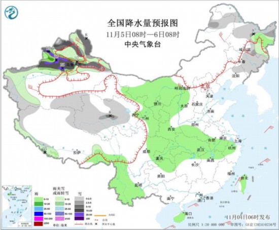 全国降水量预报图(11月5日8时-6日8时)