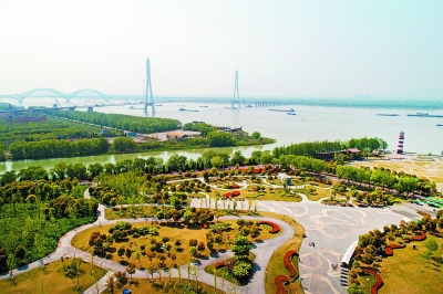 南京长江三桥旁边，鱼嘴湿地公园和三桥湿地公园绿意盎然，风景如画。