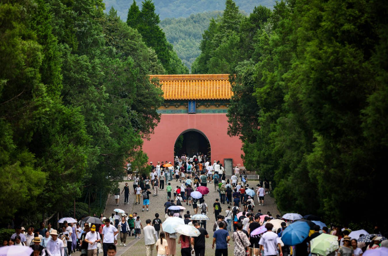 近日，游客们在世界文化遗产明孝陵参观游览。正值暑期，南京各大景区客流火爆，游客络绎不绝，暑期旅游市场热力十足。南京日报/紫金山新闻记者 段仁虎 摄