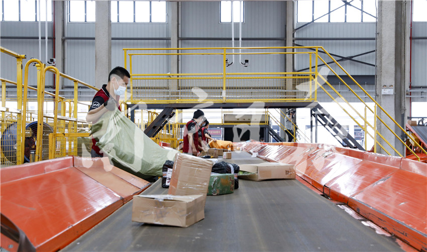 佩戴口罩的工人们全部复工到岗,大家间隔一米距离,多条快递流水线全速